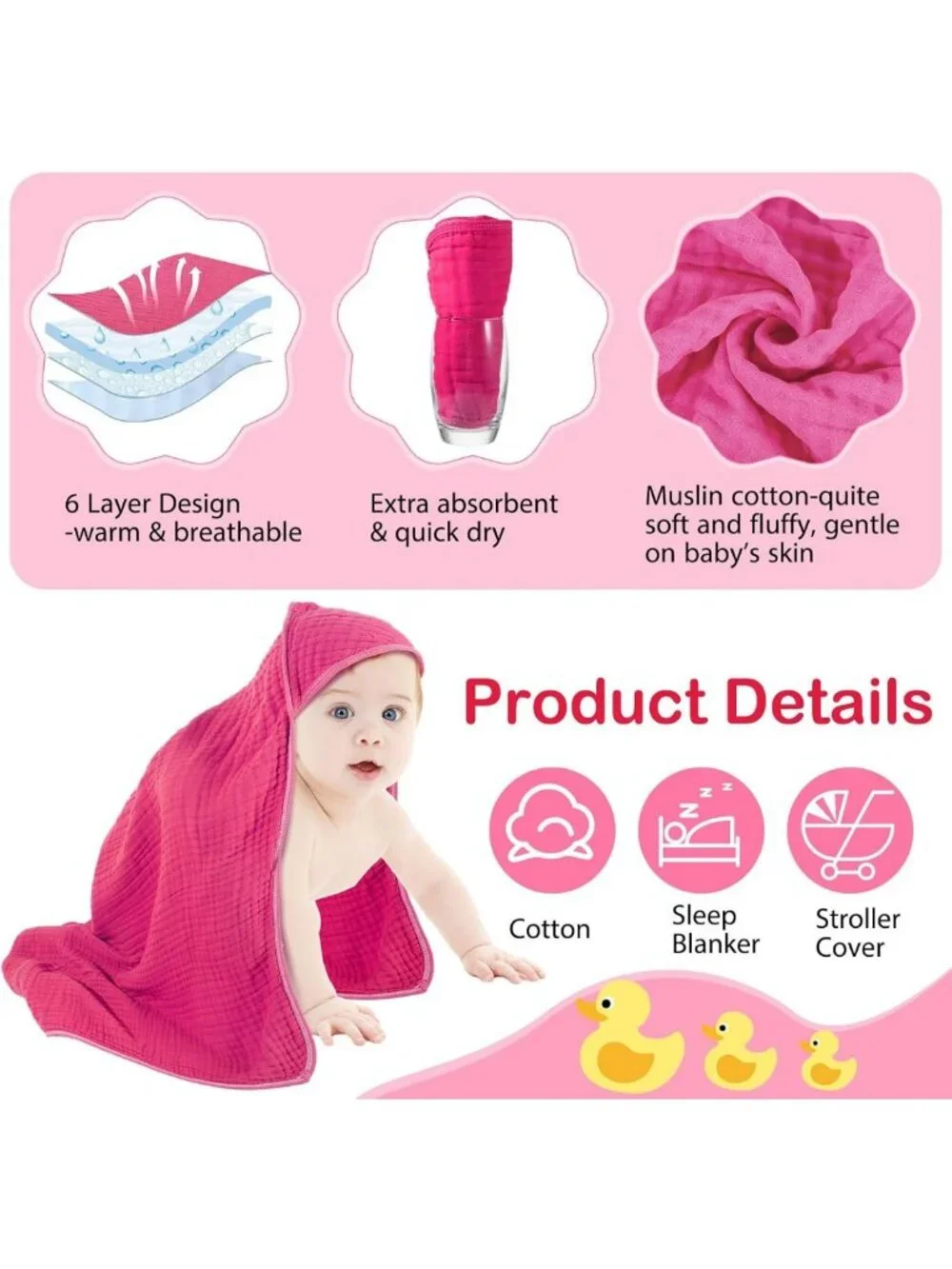 Soft Cotton Muslin Hooded Baby Towels - 6 Pack, Pink, Perfect for Bath Time